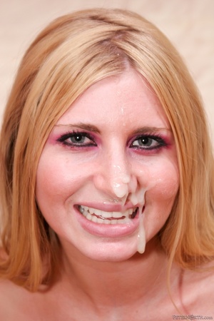 Blonde with heavy pink eye makeup gets her face frosted with jizz after sucking dick. - XXXonXXX - Pic 14