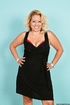 Plump blonde took off her short black dress and posing in red bra and