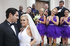 Stunning blonde wearing bride's dress pleases her new husband with her