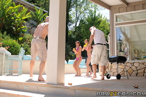 Two dark haired cuties get screwed by one bloke near a pool - Picture 8