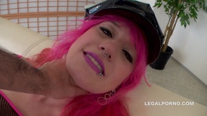 Pink haired girl in fish nets plays deep with a massive dildo in her buthole and gets fucked by three - Picture 2