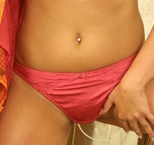 Creamy blonde in red panties models hot ass, sexy tits and hairy pussy
