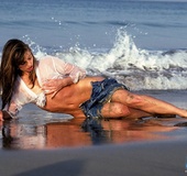Dark hair cutie in shirt and jeans shorts shows ass, tits and hairy cunt