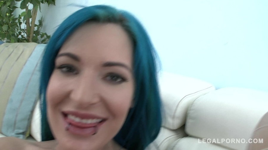 Engaging blue haired babe in white mesh shirts and high heels plays with huge cocks just for fun on a white couch - XXXonXXX - Pic 8