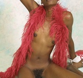 Alluring ebony pose naked and shows her small tits and hairy pussy in
