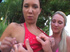 Blonde and two tanned brunette are fucking outdoors with a dildo