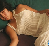 Black haired asian in white peignoir and no undies exposing her bushy