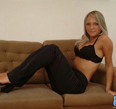 High heeled blonde with huge juggs and hairy cunt took off black underwear