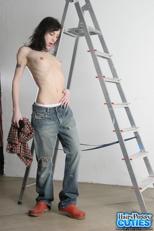 Skinny brunette sheds jeans and short shirt before exposing her hairy twat while teasing nude by the ladder - XXXonXXX - Pic 7