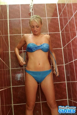 Cute blonde with big naturals slowly taking off blue bikini and showing her hairy cunt while taking a shower - XXXonXXX - Pic 3