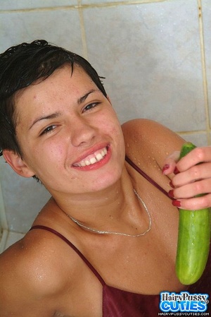 Short haired brunette in red wet top toying her hairy vagina with cucumber in the shower - XXXonXXX - Pic 6