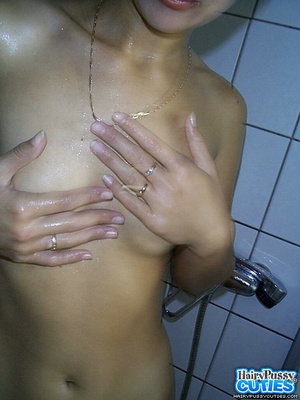 Small breasted brunette wiggles out of white undies before taking a shower and fingering her hairy twat in the bathroom - XXXonXXX - Pic 10