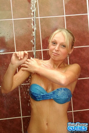 Big tits blonde in blue bikini taking a shower and slowly undressing before showing her hairy vagina - XXXonXXX - Pic 7