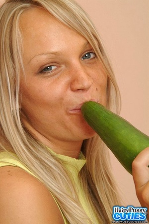 Busty blonde in blue jeans and white underwear stripteasing and sucking cucumber before fingering her hairy twat - XXXonXXX - Pic 2
