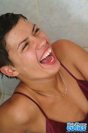 Short haired brunette in red peignoir toying her hairy pussy with cucumber in the shower - XXXonXXX - Pic 10