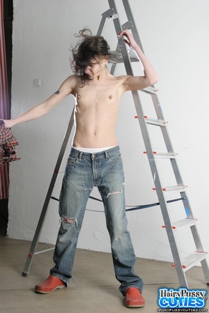 Petite brunette with tiny breast and hairy pussy slowly taking off tight jeans and white undies by the ladder - XXXonXXX - Pic 7