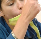 Jeans outfit dressed brunette eating banana before undressing and fingering