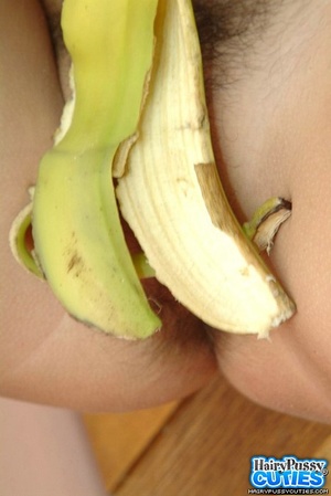 Jeans outfit dressed brunette eating banana before undressing and fingering her hairy fuck holes - XXXonXXX - Pic 6