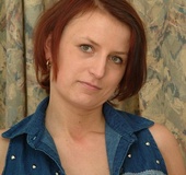 Redhead milf in jeans miniskirt and white panty exposing her small breast
