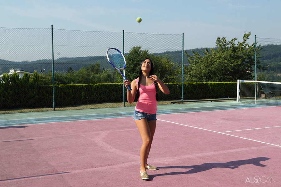 Pigtailed lass in pink top and jeans shorts - XXX Dessert - Picture 2