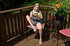 Small boobed blonde in jeans outfit and yellow t-shirt undressing on the