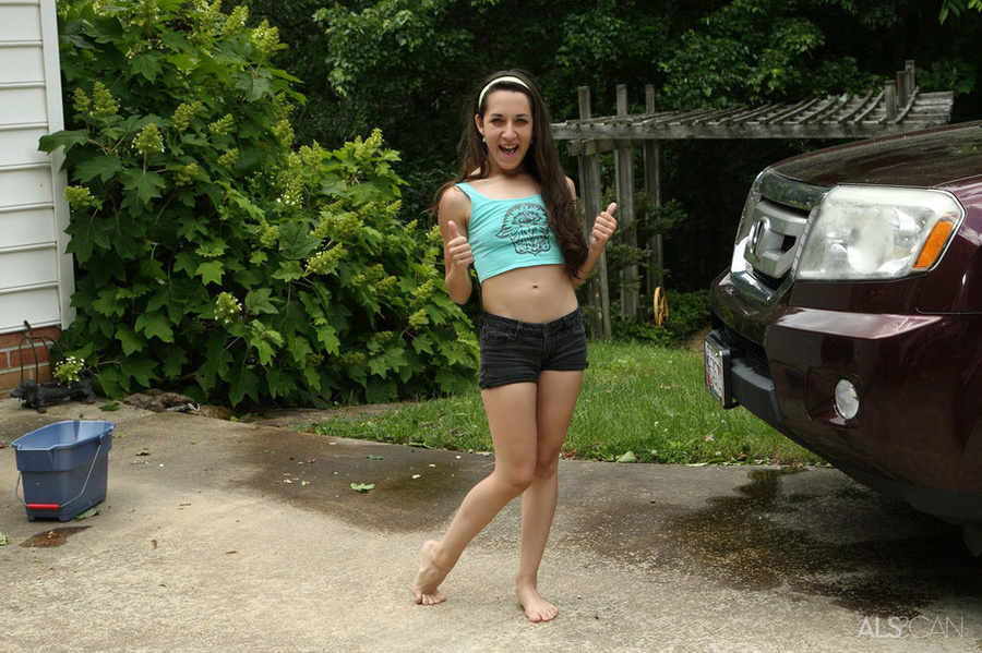 Grey eyed brunette washing car outdoors and - XXX Dessert - Picture 1