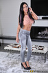 Tight jeans and a slutty lace top come off a bimbo before she is boned