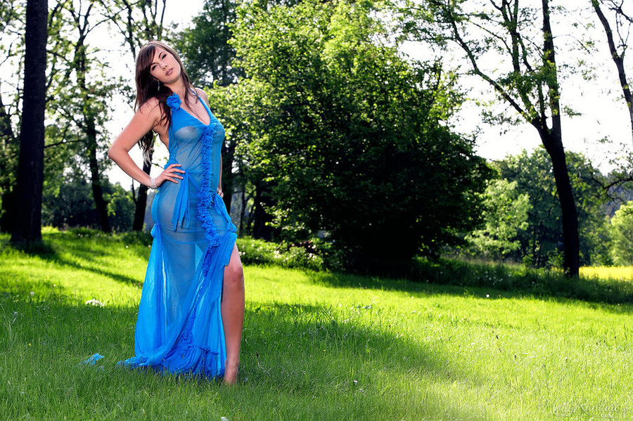 Big breasted brunette in seethrough blue dr - XXX Dessert - Picture 1