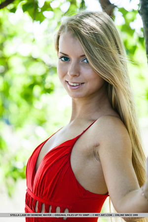 Blue eyed blonde in red dress and no pan - Picture 2