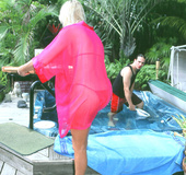 Curvy blonde housewife in red bikini sucks cock, gets licked and fucked