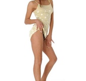 Indulging babe takes off her brown and white hearted dress and reveals