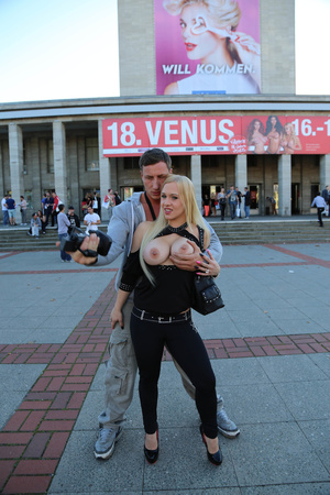 Blonde stunner poses seductively and shows her massive tits in public - XXXonXXX - Pic 13