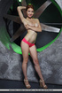 High heeled redhead with huge melons sheds pink panty and showing her