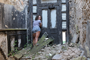 Foxy chick strips off her blue shirt and white shirt and pink bra and shows her juicy boobs before she pulls down her blue and white polka dotted panty and reveals her hairy hole in multiple styles wearing her black shoes in an abandoned building. - XXXonXXX - Pic 1