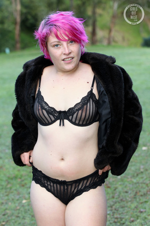 Pink haired chick display her foxy body outdoor wearing her black lingerie, coat and boots then shows her juicy boobs before she pulls down her black panty and reveals her indulging pussy. - XXXonXXX - Pic 14