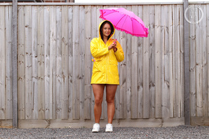 Gorgeous hottie opens her yellow raincoat and displays her smoking hot body in orange and white bikini and white rubber shoes outdoor before she takes off her panty and nails her crack with a pink vibrator in different positions. - XXXonXXX - Pic 1