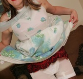 Innocent dress cute mature brunette shows her racy red lingerie