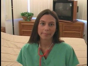 Nurse uniform brunette gets throat-fucked on her knees - Picture 1