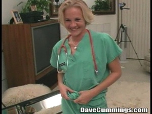 Short-haired blonde in a nurse get-up sucking cock in POV - Picture 1