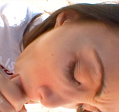 Sexy french slut in white t-shirt sucks some cock outside
