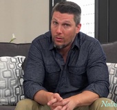 Grey-eyed blonde choking on this dude's massive cock