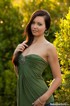 Classy green shirt brunette shows her tits outdoors - XXXonXXX - Pic 1