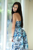 Long blue dress brunette takes it off on camera