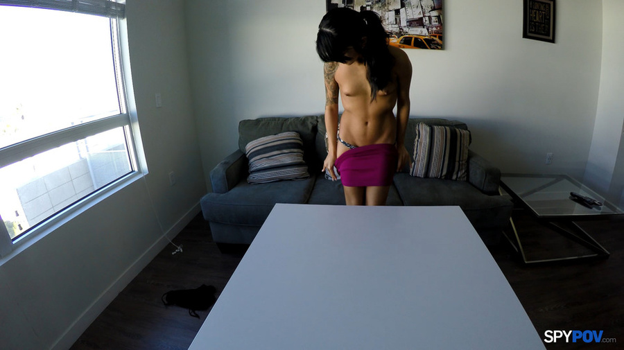 Inked ponytailed brunette teen in black top - XXX Dessert - Picture 2