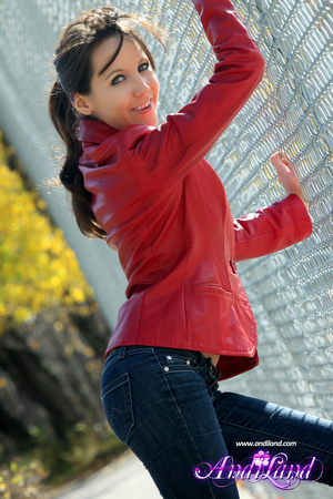 Tight jeans and red jacket brunette gets - Picture 1
