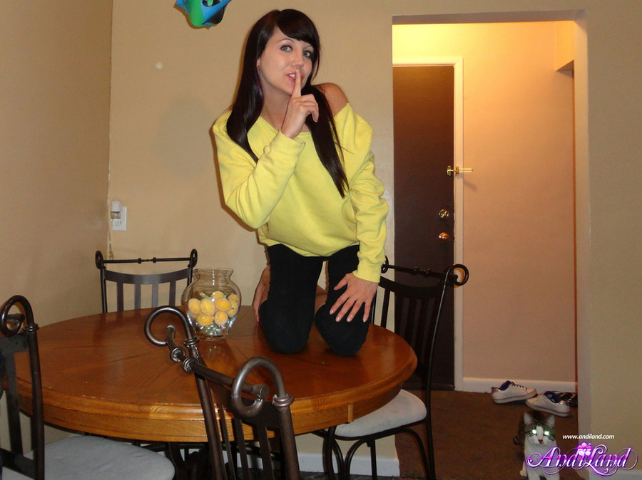 Yellow top and black pants brunette teasing - XXX Dessert - Picture 2