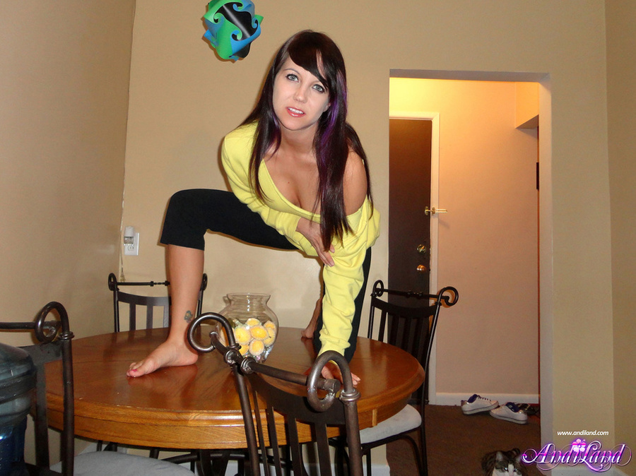 Yellow top and black pants brunette teasing - XXX Dessert - Picture 3
