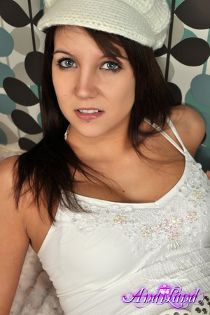 Tiny denim skirt blue-eyed brunette flas - Picture 4