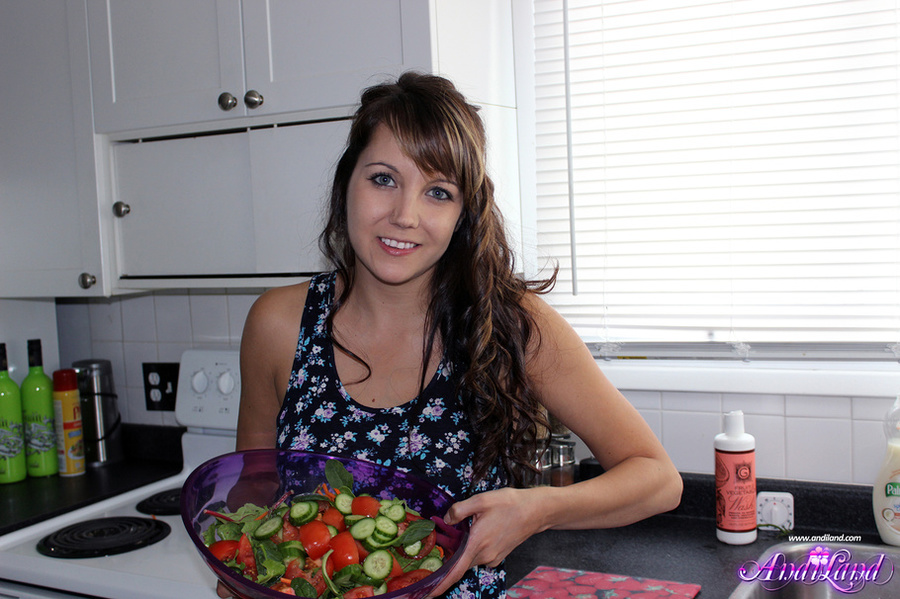 Cucumber-loving brunette in short white sho - XXX Dessert - Picture 2