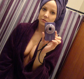 Freshly clean brunette with blue eyes shows holes and feet